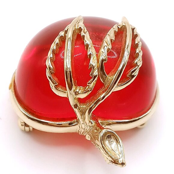 Vintage Sarah Coventry Brooch Gold-tone Cabochon Lucite Leaf Red Apple Design - Picture 4 of 10